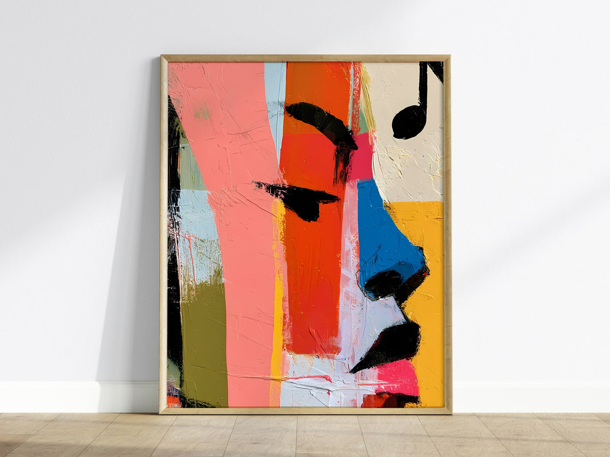 High Note Poster | Coral and Cobalt Abstract Art Print | Music Lover Wall Art — framed print on the wall