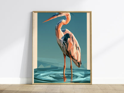 Heron Stands Lagoon Poster | Teal and Orange Low Poly Art Print | Modern Minimalist Wall Art — framed print on the wall