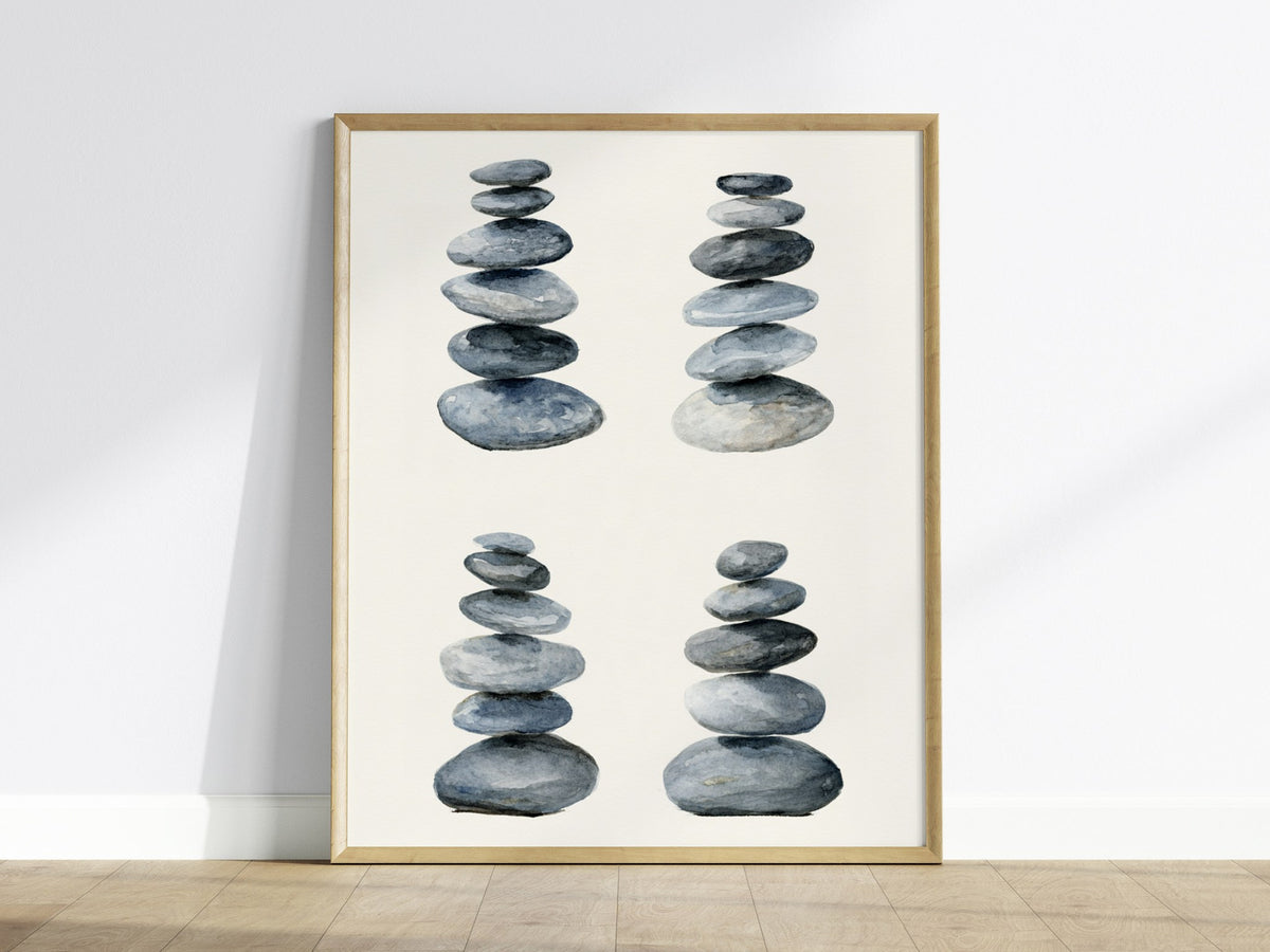 Four Stone Arrangements Poster | Gray and Blue-Gray Japanese Watercolor Art Print | Minimalist Wall Art — framed print on the