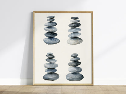 Four Stone Arrangements Poster | Gray and Blue-Gray Japanese Watercolor Art Print | Minimalist Wall Art — framed print on the