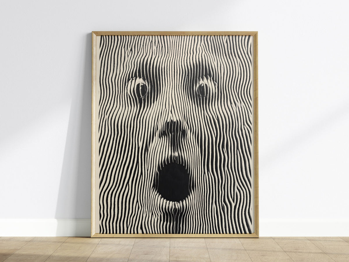 Panic Face Poster | Black and Cream Pen and Ink Art Print | Dark Art Wall Art — framed print on the wall