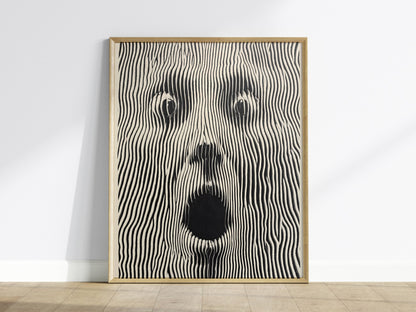 Panic Face Poster | Black and Cream Pen and Ink Art Print | Dark Art Wall Art — framed print on the wall