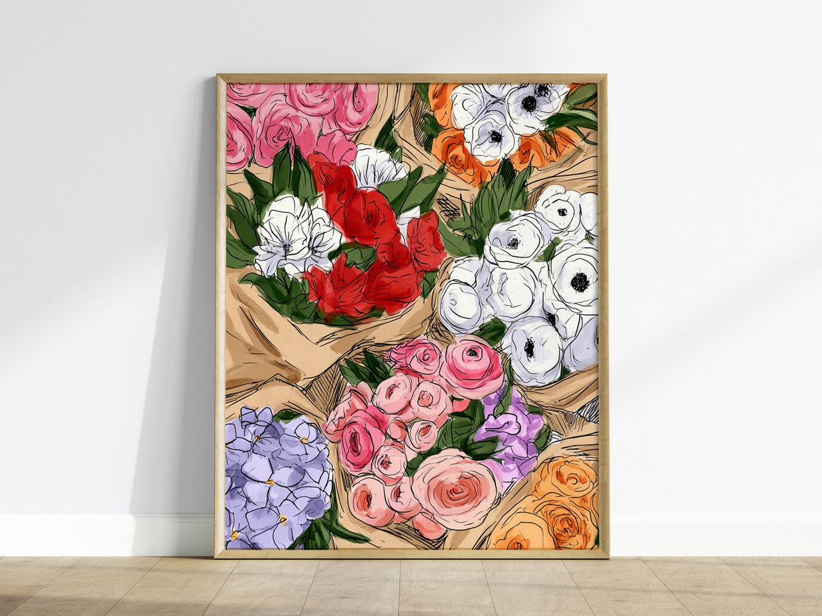 Bouquets at Market Poster | Pink and Lilac Pen and Ink Art Print | Kitchen Wall Art — framed print on the wall