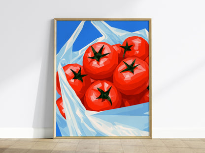 Tomatoes Coming Home Poster | Cobalt and Red Low Poly Art Print | Kitchen Wall Art — framed print on the wall