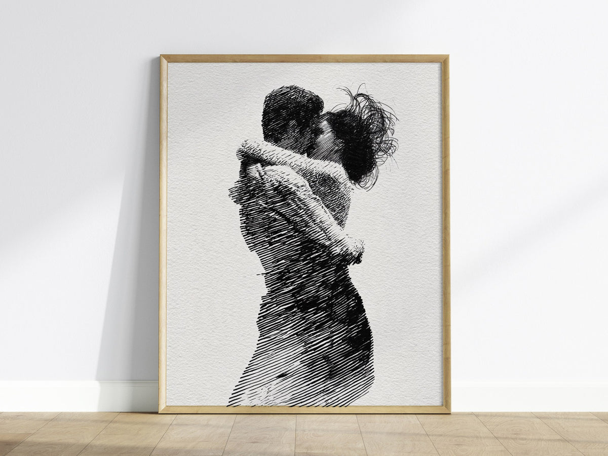 Lovers Almost Kiss Poster | Black and Cream Pen and Ink Art Print | Romantic Wall Art — framed print on the wall