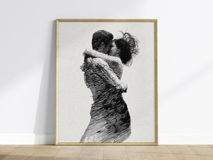 Lovers Almost Kiss Poster | Black and Cream Pen and Ink Art Print | Romantic Wall Art — framed print on the wall