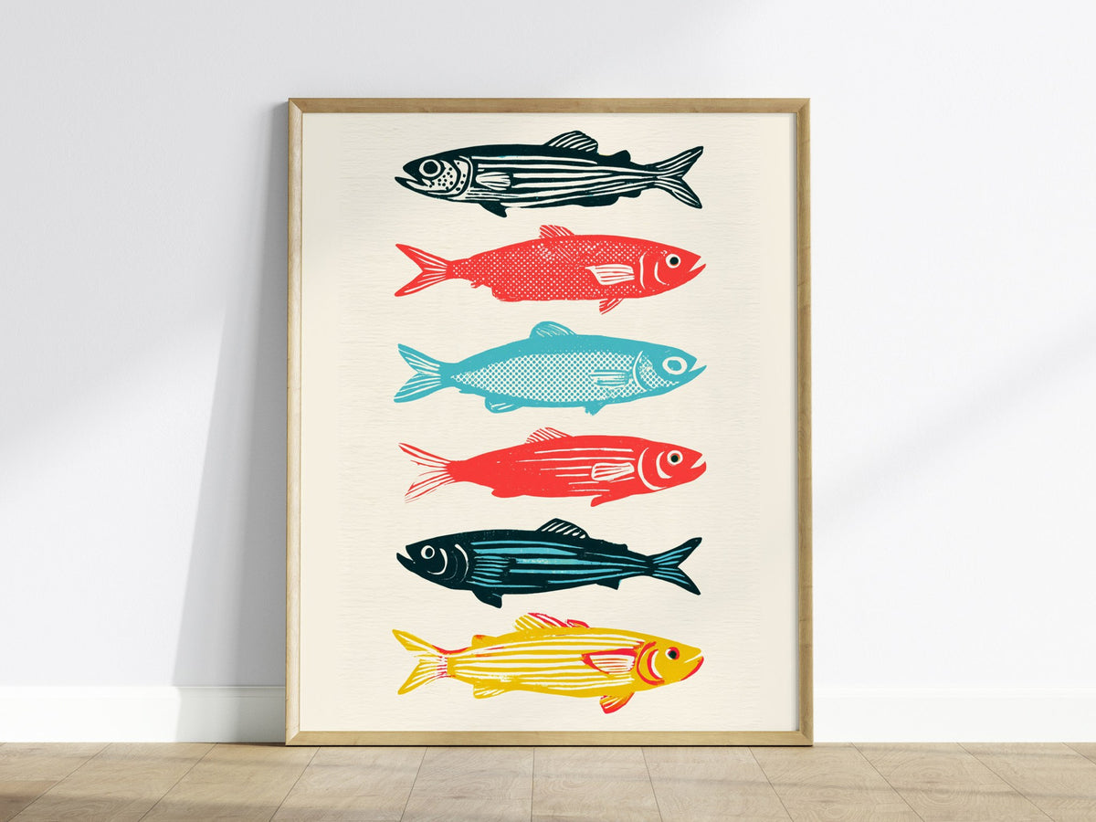 six-swimming-fish Poster | Teal and Coral Screen Print Art Print | Coastal Wall Art — framed print on the wall