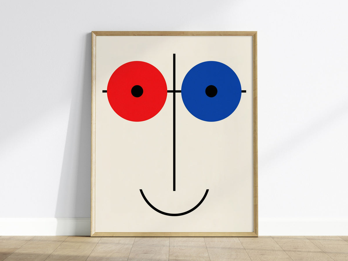Red Blue Smile Poster | Red and Blue Minimalism Art Print | Modernist Wall Art — framed print on the wall