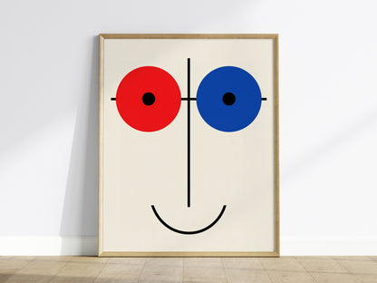 Red Blue Smile Poster | Red and Blue Minimalism Art Print | Modernist Wall Art — framed print on the wall