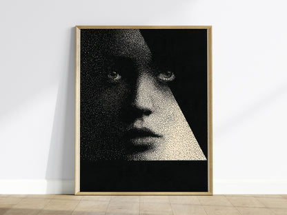 Face Emerging Light Poster | Black and Cream Pen and Ink Art Print | Dark Academia Wall Art — framed print on the wall