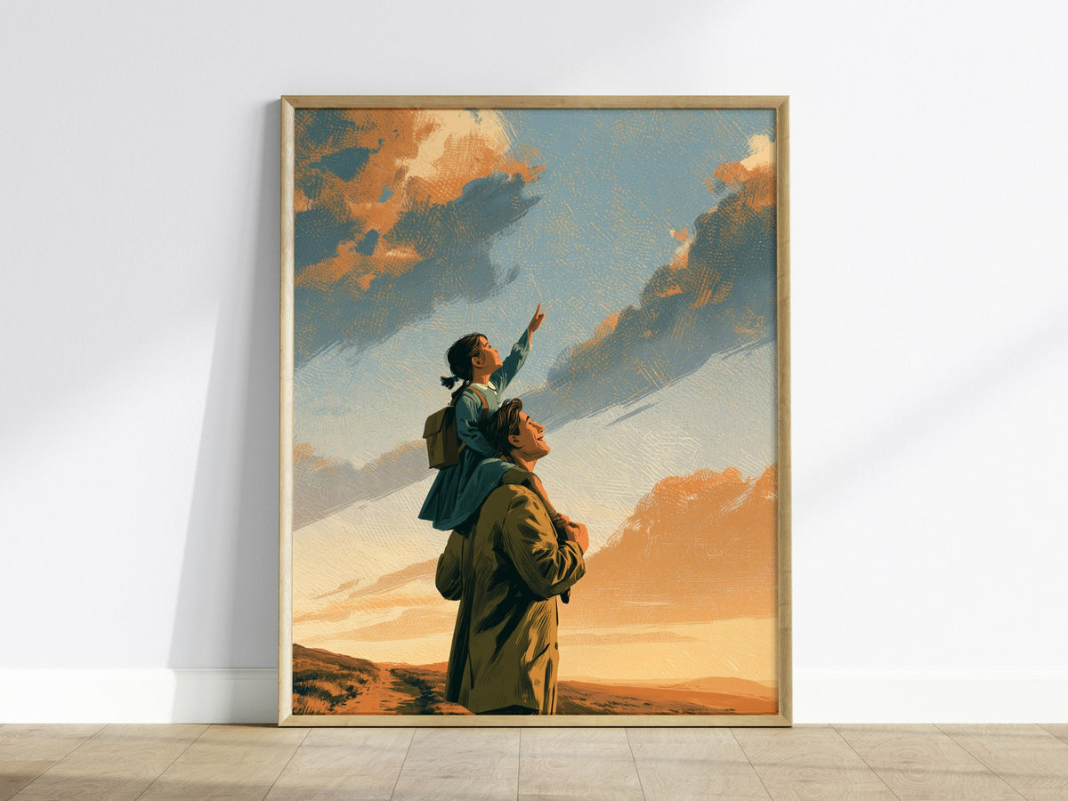 Shoulders Toward Sky Poster | Golden Orange Illustrative Art Print | Family Wall Art — framed print on the wall