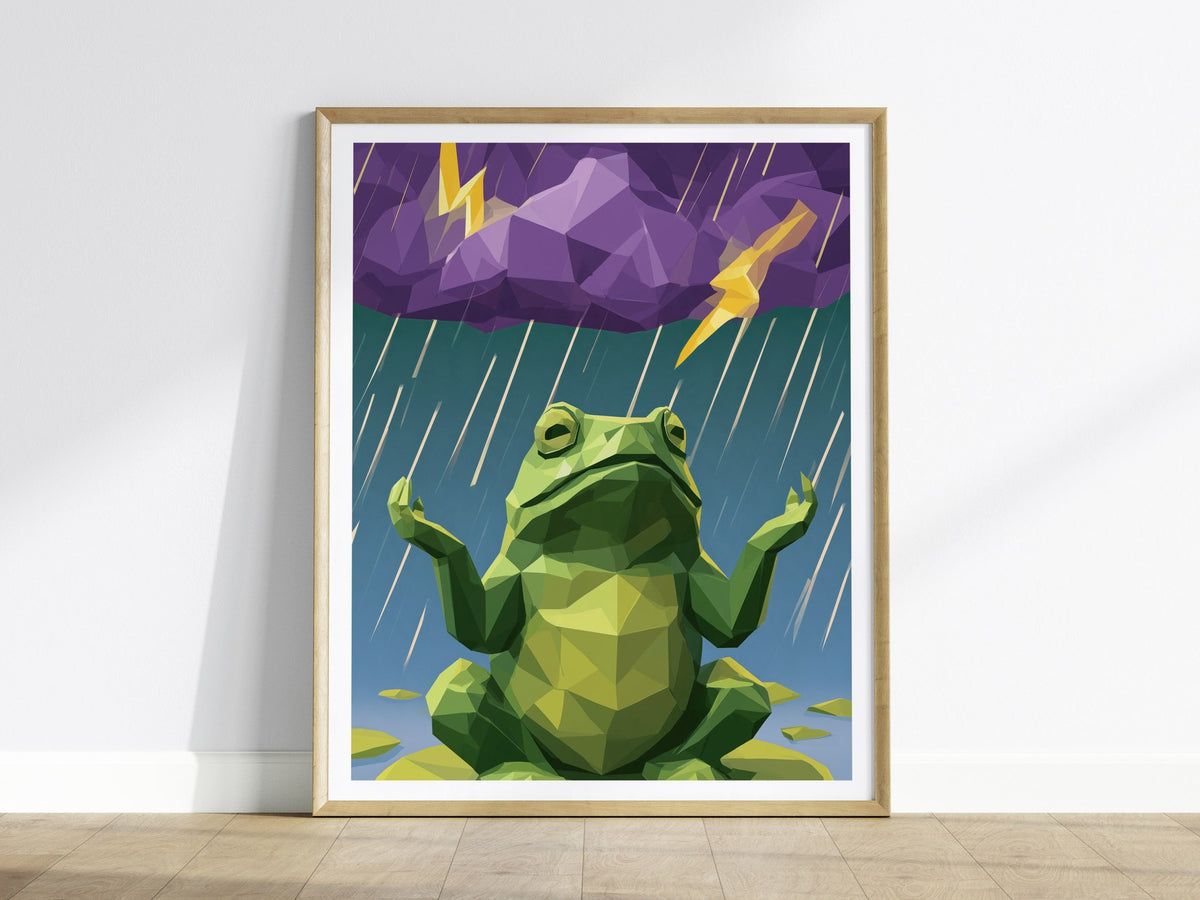 Toad Conducts Rain Poster | Green and Purple Low Poly Art Print | Kids Room Wall Art — framed print on the wall