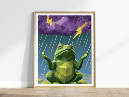 Toad Conducts Rain Poster | Green and Purple Low Poly Art Print | Kids Room Wall Art — framed print on the wall