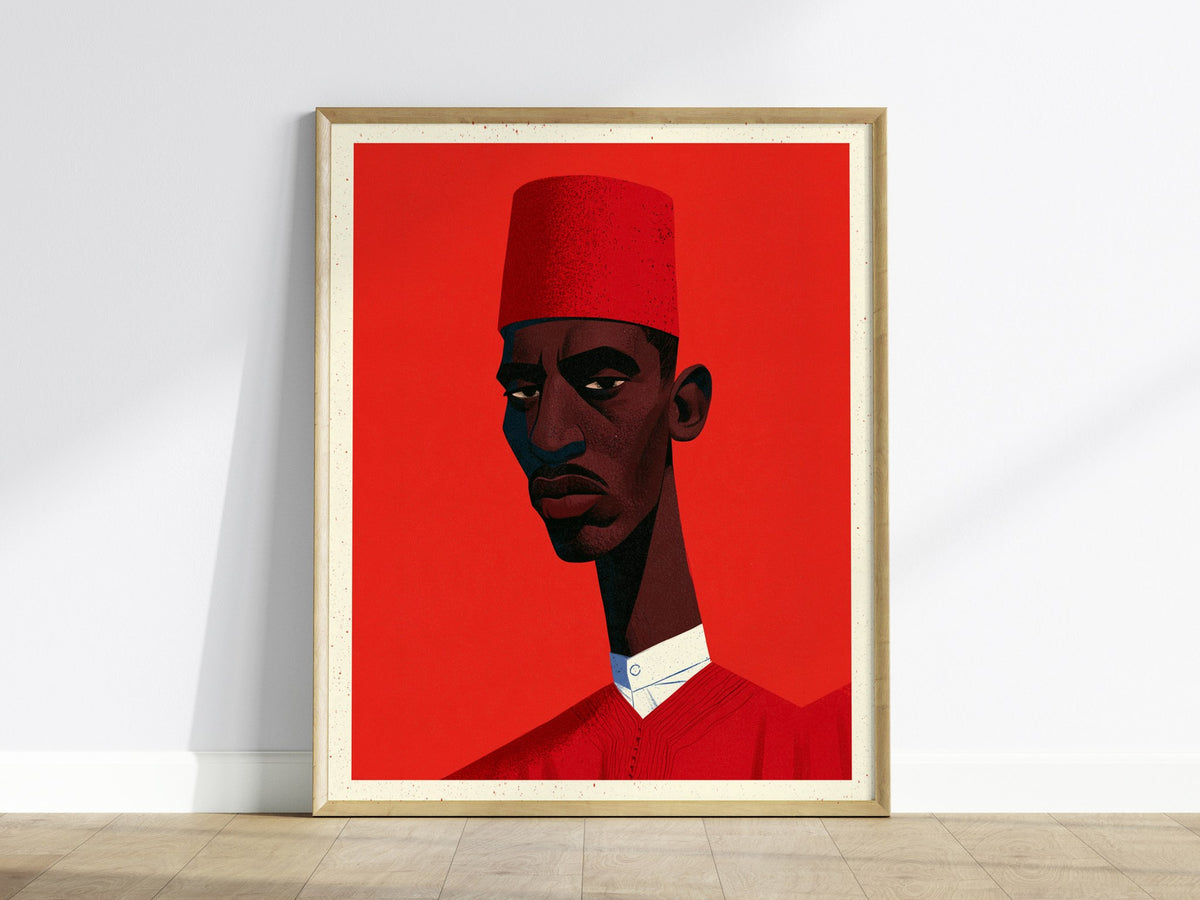 Man Wears Fez Poster | Red and Teal Illustrative Art Print | Retro Portrait Wall Art — framed print on the wall