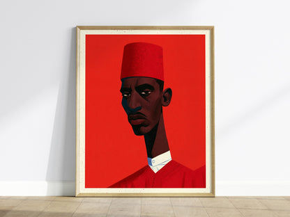 Man Wears Fez Poster | Red and Teal Illustrative Art Print | Retro Portrait Wall Art — framed print on the wall