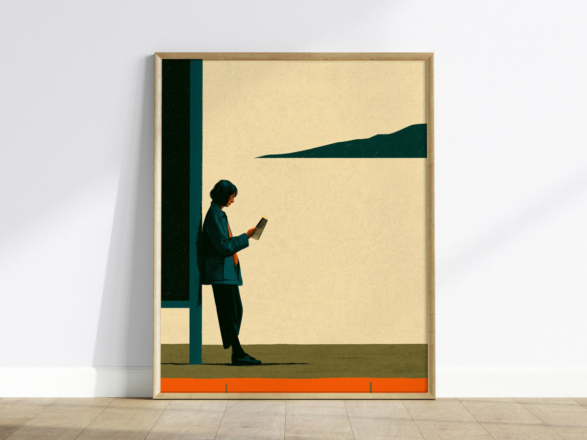 Woman Waits Morning Poster | Teal and Orange Illustrative Art Print | Urban Minimalist Wall Art — framed print on the wall