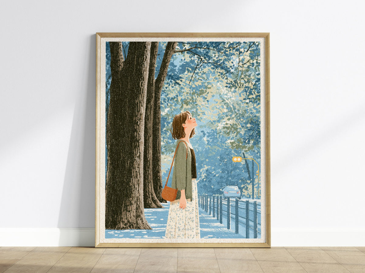 Woman Tilts Toward Light Poster | Olive and Cream Illustrative Art Print | Quiet Spaces Wall Art — framed print on the wall