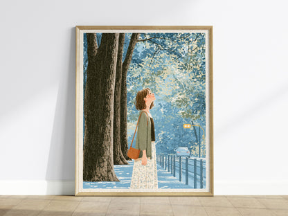 Woman Tilts Toward Light Poster | Olive and Cream Illustrative Art Print | Quiet Spaces Wall Art — framed print on the wall
