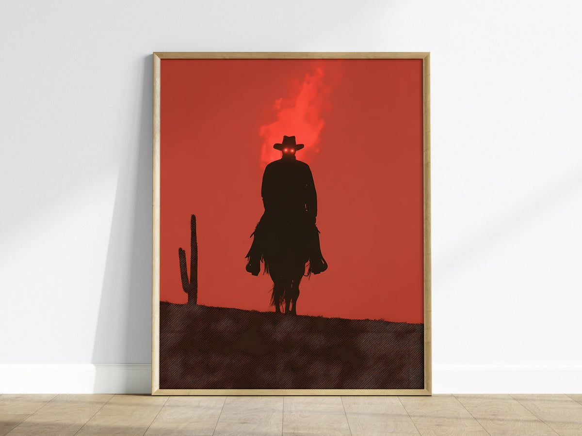 Burning Rider Poster | Coral and Slate Screen Print Art Print | Western Wall Art — framed print on the wall