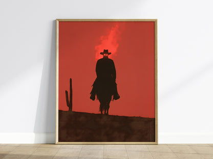Burning Rider Poster | Coral and Slate Screen Print Art Print | Western Wall Art — framed print on the wall