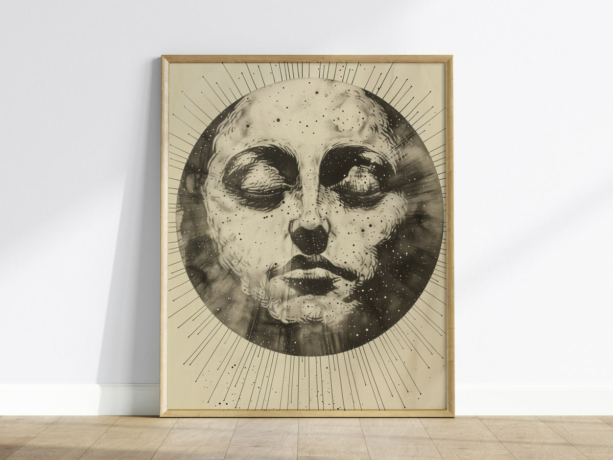 Ink Sun Face Poster | Black and Cream Pen and Ink Art Print | Dark Academia Wall Art — framed print on the wall