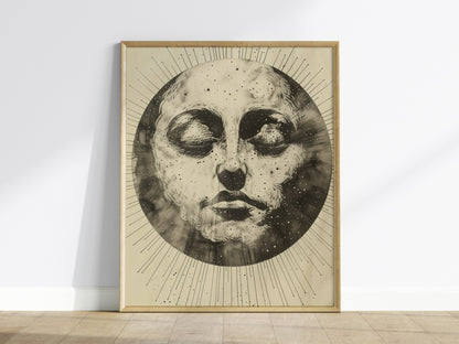 Ink Sun Face Poster | Black and Cream Pen and Ink Art Print | Dark Academia Wall Art — framed print on the wall