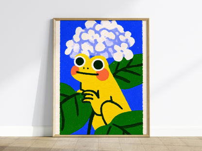 Toad with Hydrangeas Poster | Yellow and Periwinkle Illustrative Art Print | Kids Room Wall Art — framed print on the wall