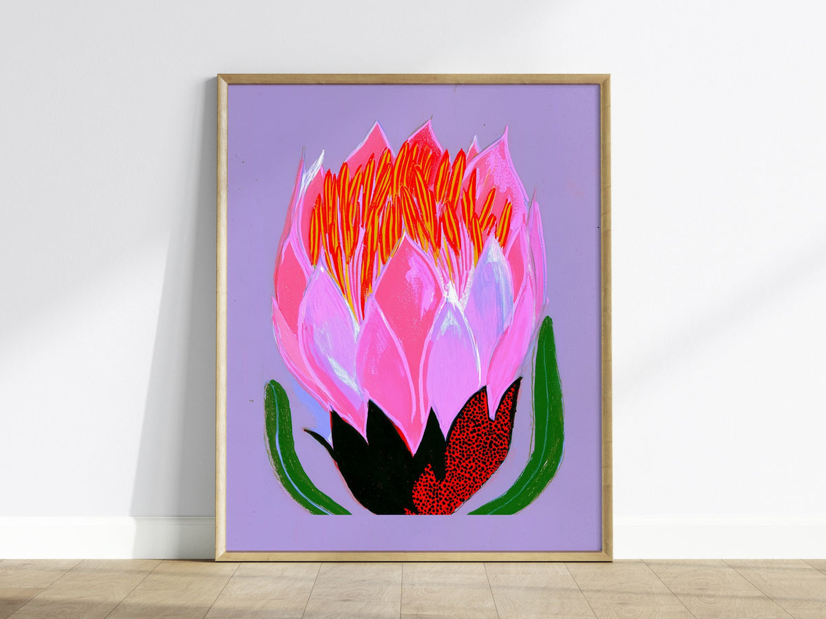 Flower Erupts Purple Poster | Pink and Lavender Illustrative Art Print | Botanical Wall Art — framed print on the wall