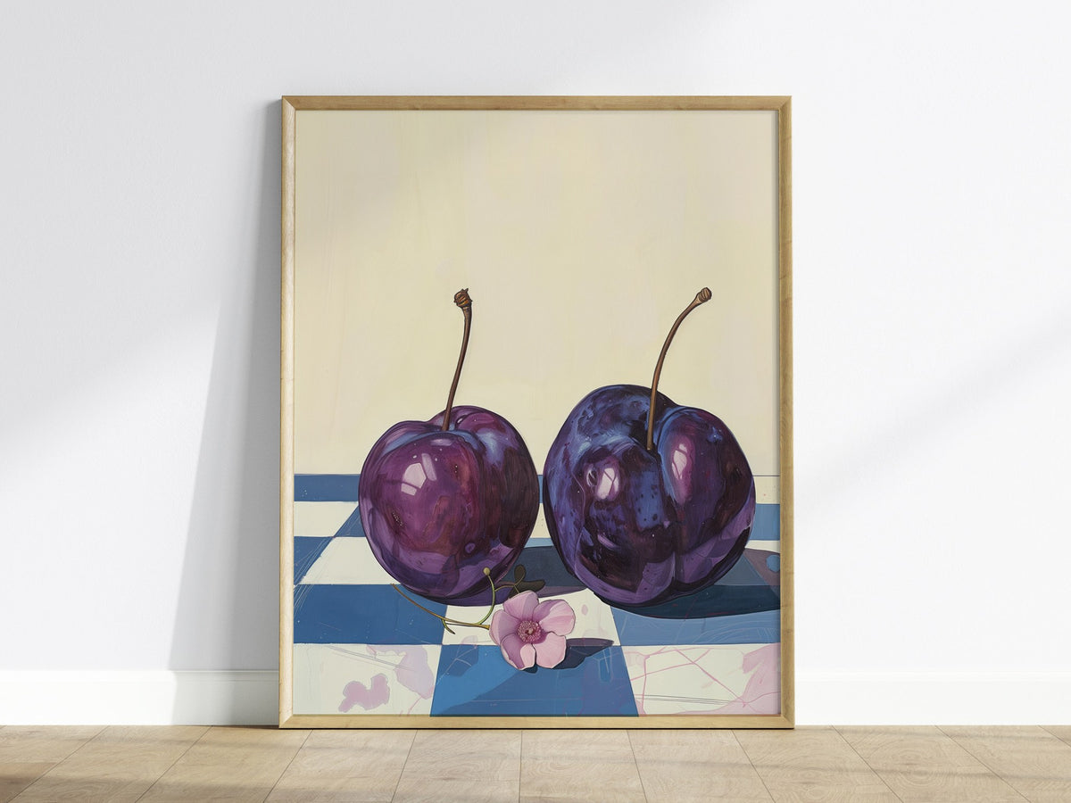 plums-on-checkerboard Poster | Purple and Cream Illustrative Art Print | Kitchen Wall Art — framed print on the wall