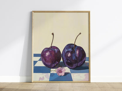 plums-on-checkerboard Poster | Purple and Cream Illustrative Art Print | Kitchen Wall Art — framed print on the wall