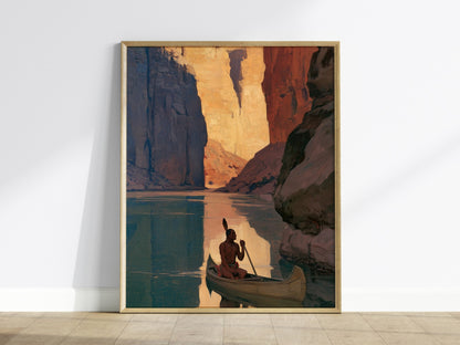 canoe-in-canyon-light Poster | Amber and Shadow Oil Painting Art Print | Adventure Wall Art — framed print on the wall