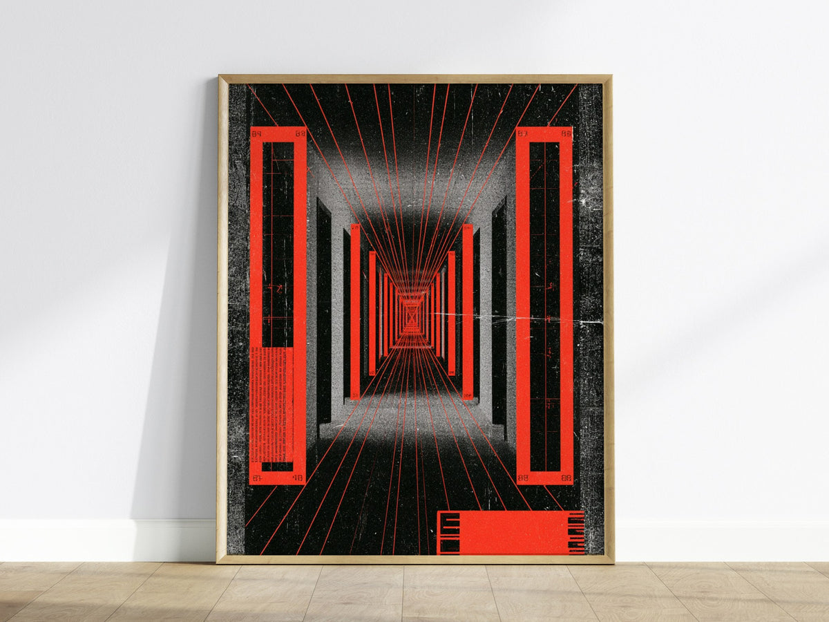 Corridor Radiates Red Poster | Red and Black Screen Print Art Print | Brutalist Wall Art — framed print on the wall