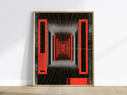 Corridor Radiates Red Poster | Red and Black Screen Print Art Print | Brutalist Wall Art — framed print on the wall