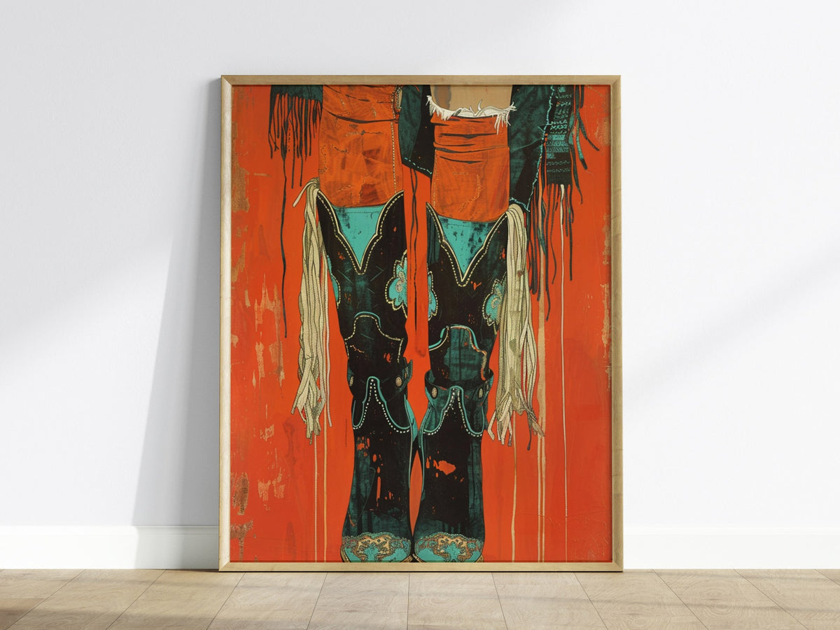 Cowgirl Boots Up Poster | Rust and Turquoise Matisse Style Art Print | Western Wall Art — framed print on the wall