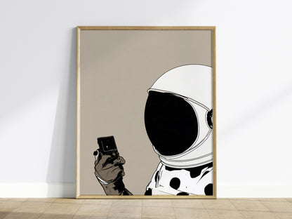 Astronaut Claims Shade Poster | Cream and Brown Illustrative Art Print | Fashion Forward Wall Art — framed print on the wall