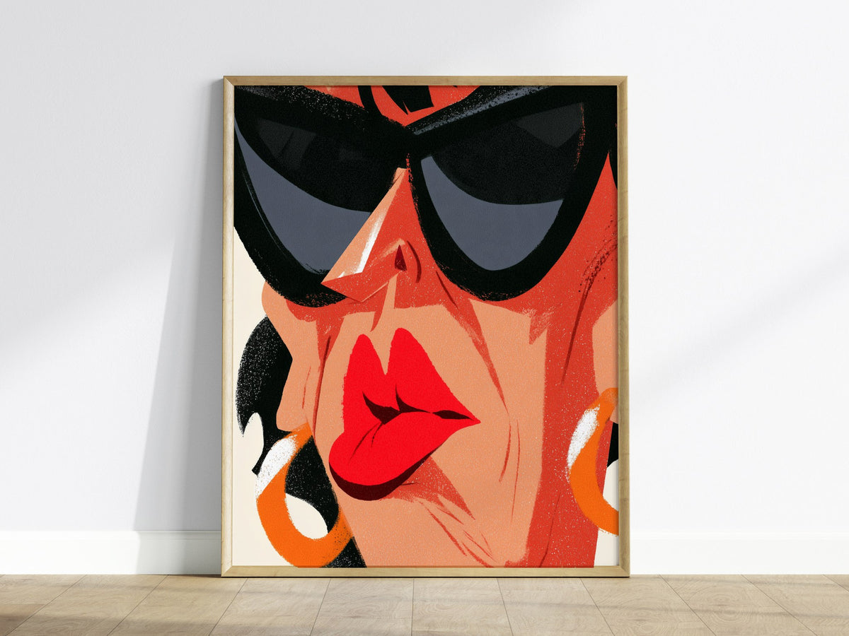Diva Hides Eyes Poster | Coral and Black Illustrative Art Print | Pop Art Wall Art — framed print on the wall