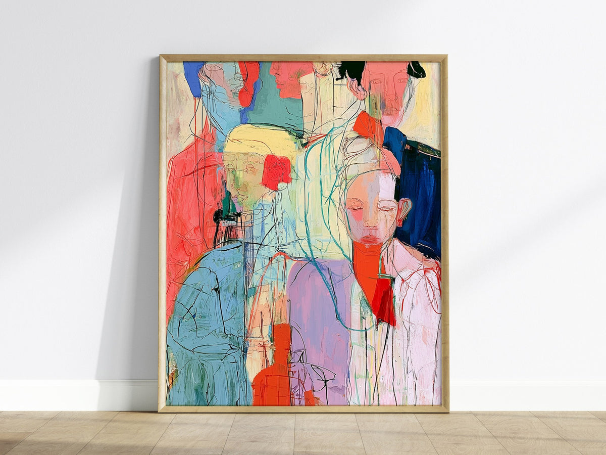 Seven Women Stand Poster | Coral and Pink Illustrative Art Print | Feminist Art Wall Art — framed print on the wall