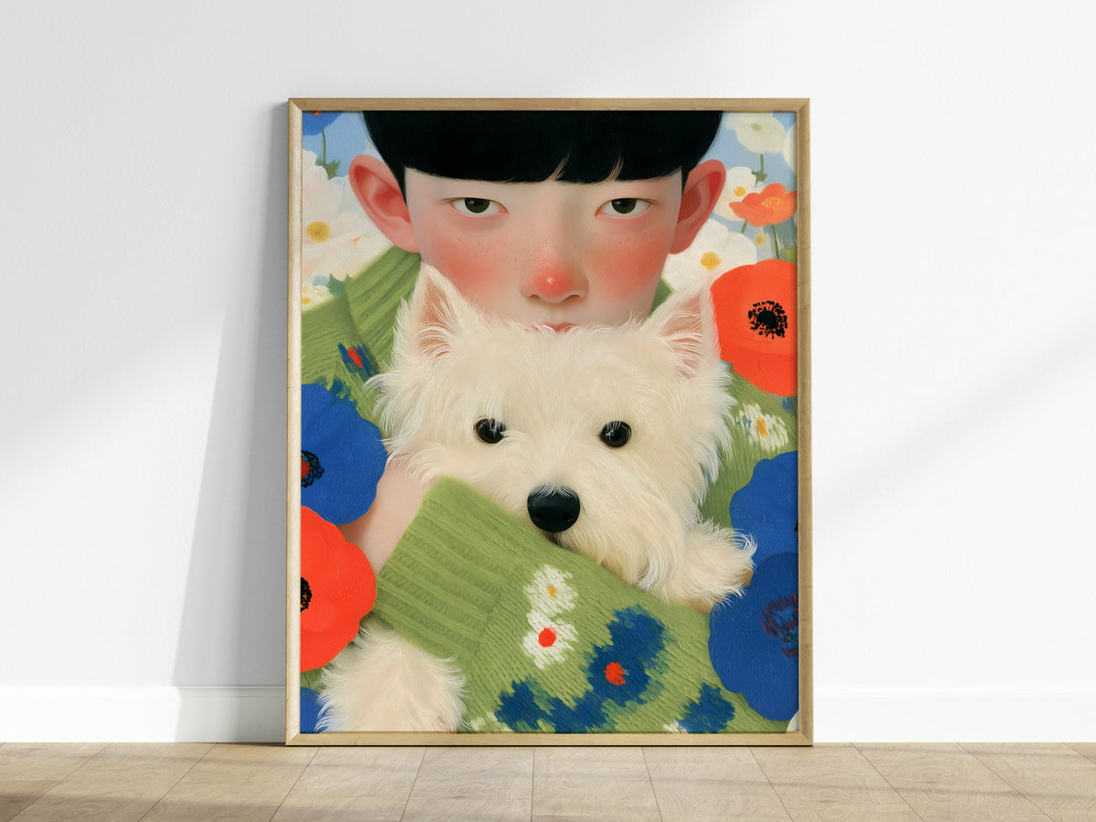 Boy With Westie Poster | Blue and Green Illustrative Art Print | Contemporary Wall Art — framed print on the wall