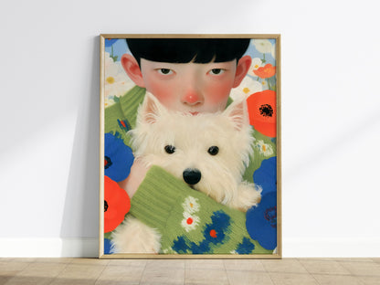 Boy With Westie Poster | Blue and Green Illustrative Art Print | Contemporary Wall Art — framed print on the wall