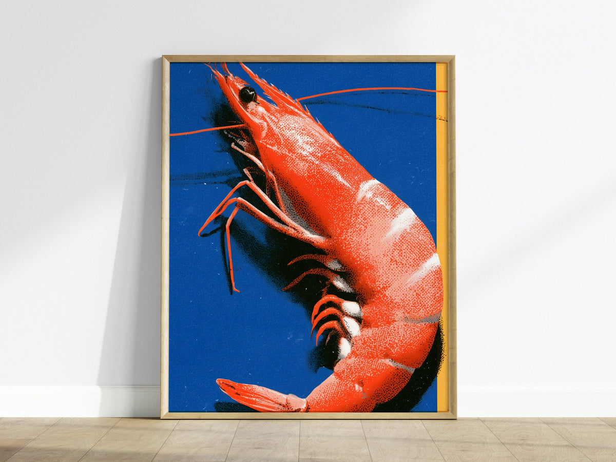 prawn-on-blue Poster | Blue and Orange Screen Print Art Print | Kitchen Wall Art — framed print on the wall