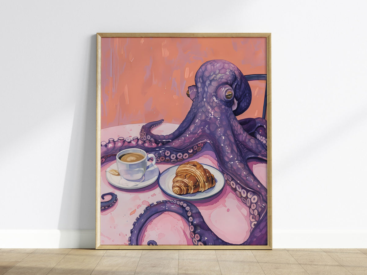 Breakfast Octopus Poster | Purple and Coral Illustrative Art Print | Kitchen Wall Art — framed print on the wall