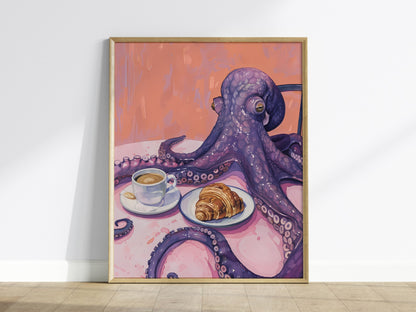 Breakfast Octopus Poster | Purple and Coral Illustrative Art Print | Kitchen Wall Art — framed print on the wall