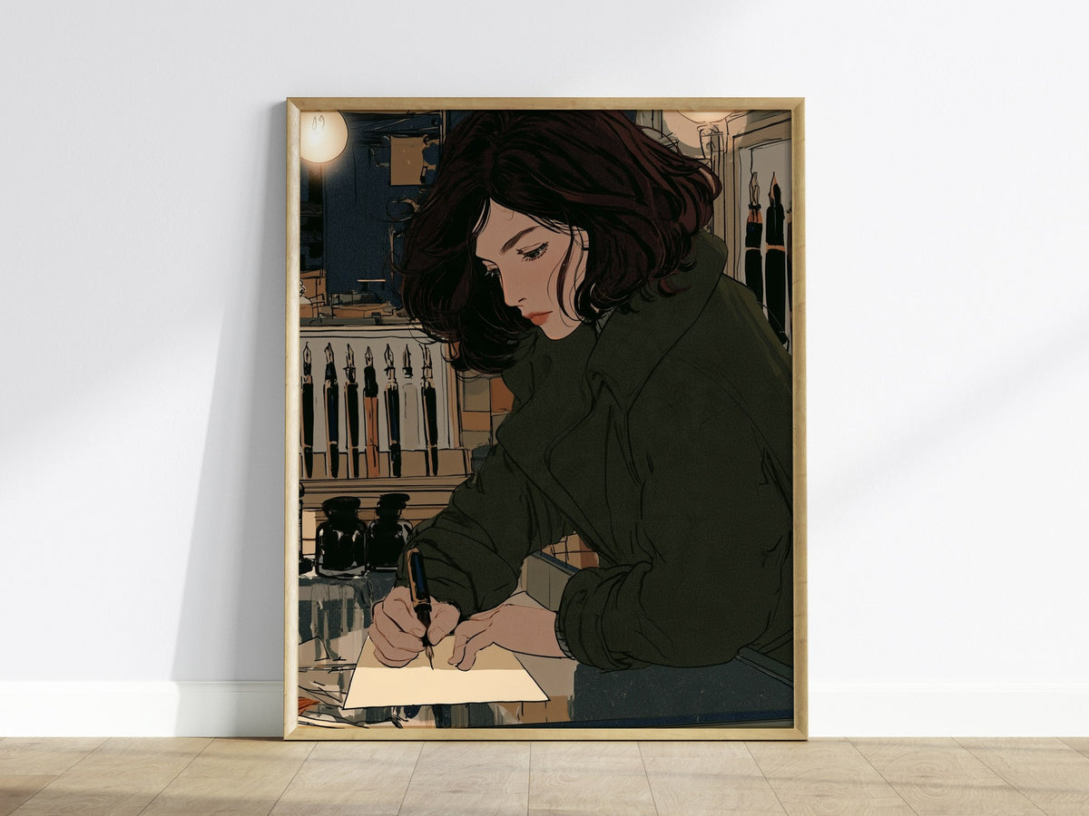 Girl Tests Pen Poster | Navy and Cream Illustrative Art Print | Dark Academia Wall Art — framed print on the wall
