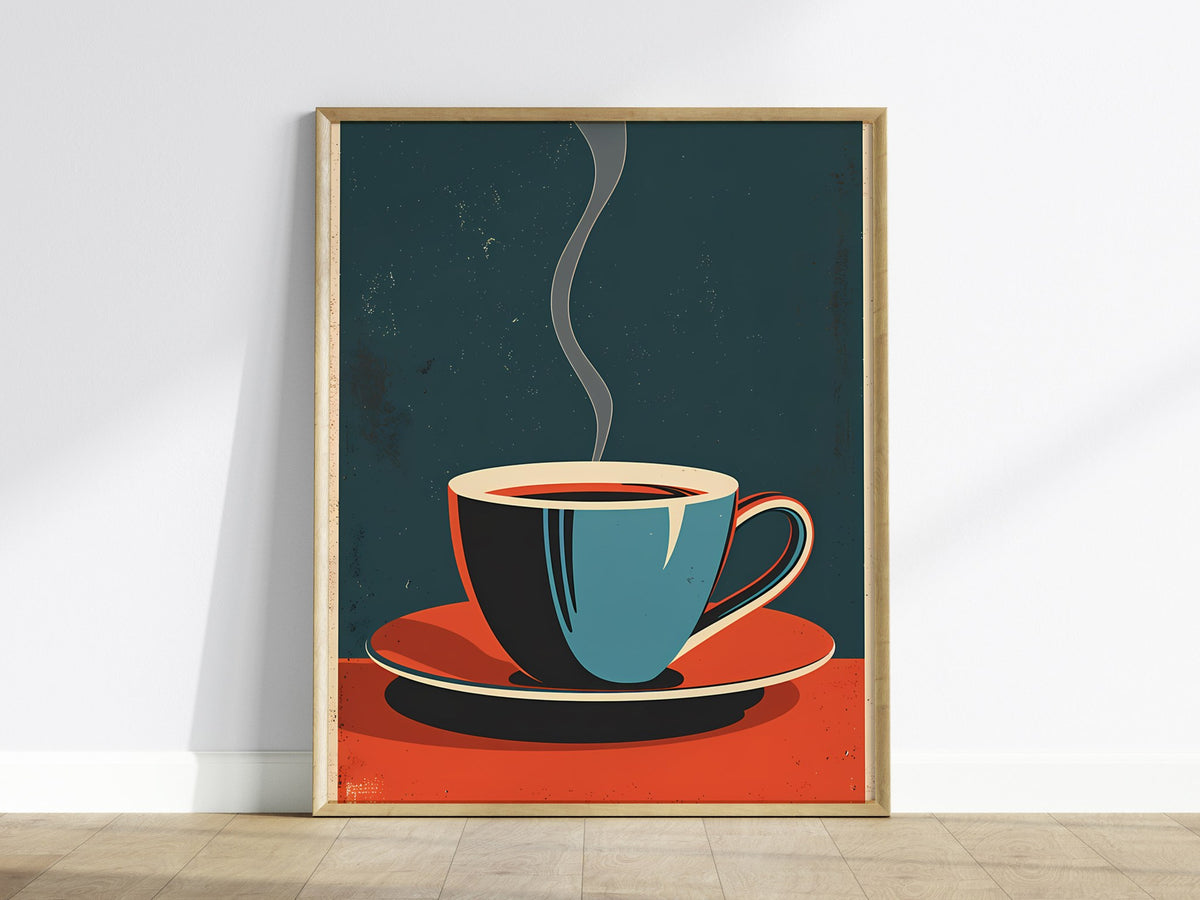 Cup and Saucer Poster | Cobalt and Coral Flat Design Art Print | Kitchen Wall Art — framed print on the wall