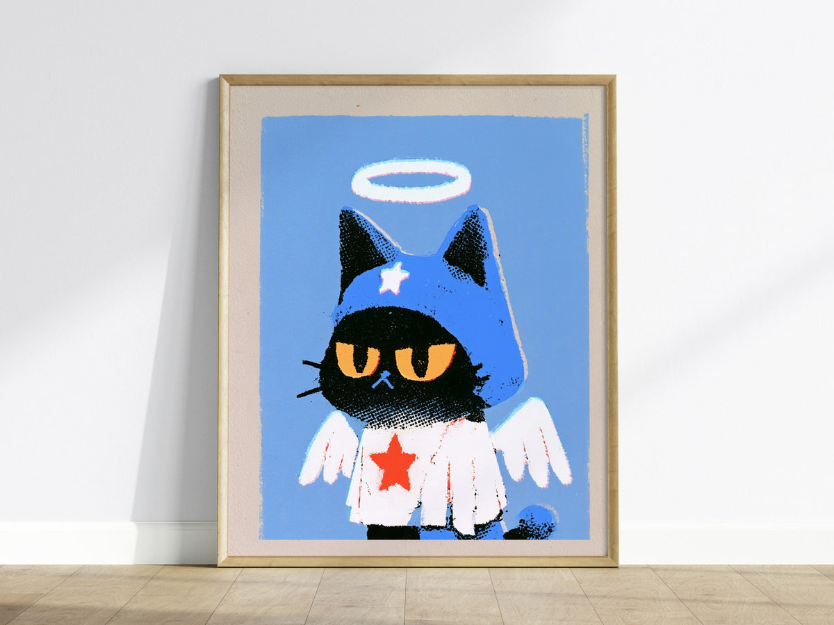 Angel Kitten Stands Poster | Blue and Orange Screen Print Art Print | Kids Room Wall Art — framed print on the wall