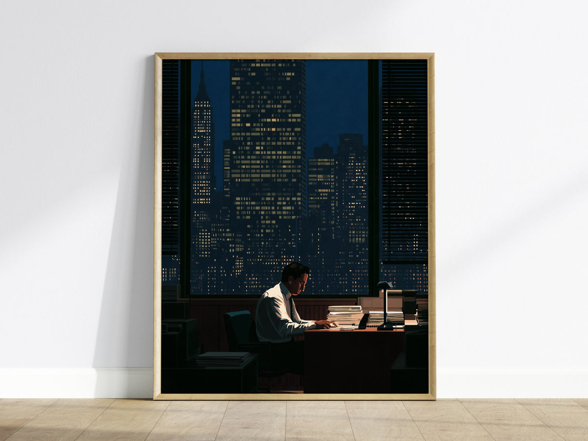 Salesman Works Late Poster | Deep Blue Illustrative Art Print | Office Wall Art — framed print on the wall