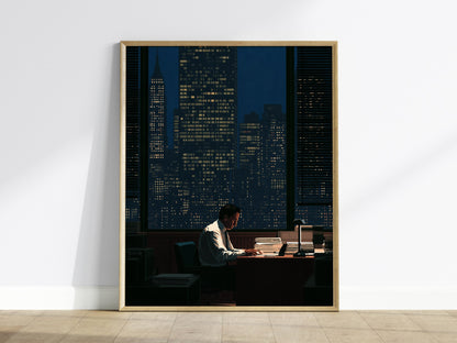 Salesman Works Late Poster | Deep Blue Illustrative Art Print | Office Wall Art — framed print on the wall