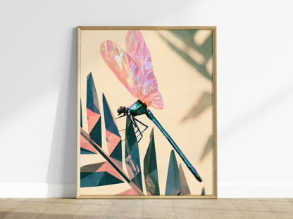Damselfly Lands Crystal Poster | Teal and Lavender Low Poly Art Print | Modern Minimalist Wall Art — framed print on the wall