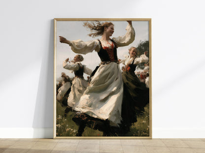 Woman Spins Summer Poster | Cream and Earth Oil Painting Art Print | Folk Art Wall Art — framed print on the wall