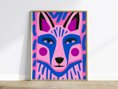 Fox Faces Forward Poster | Pink and Blue Illustrative Art Print | Kids Room Wall Art — framed print on the wall